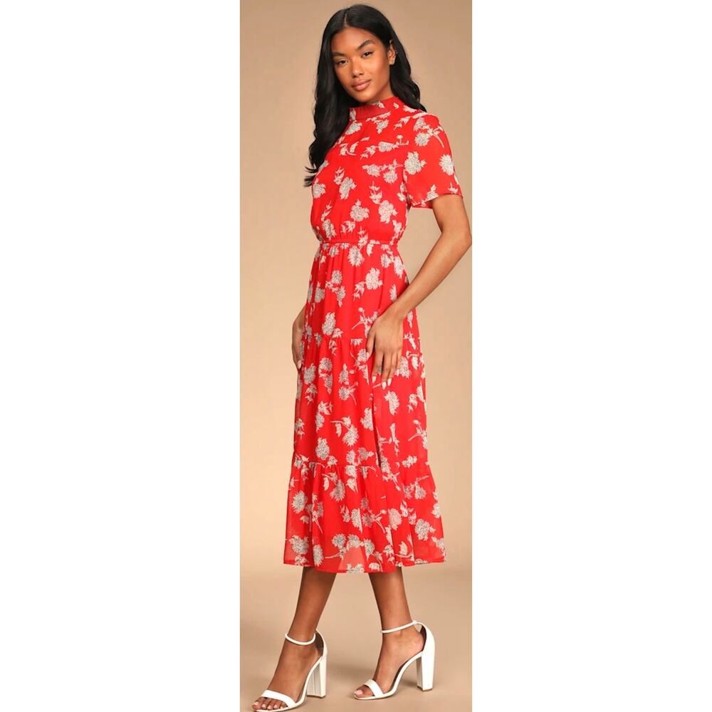 Lulu's Red Floral Midi Dress with Cream Print